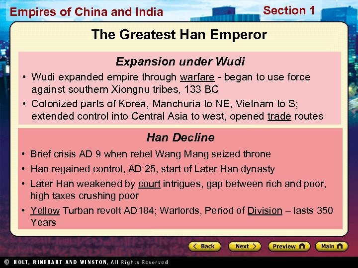 Empires of China and India Section 1 The Greatest Han Emperor Expansion under Wudi