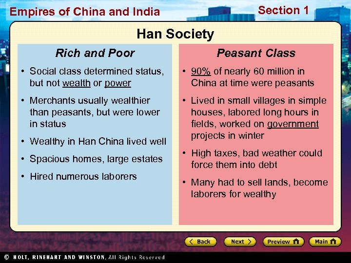 Section 1 Empires of China and India Han Society Rich and Poor Peasant Class