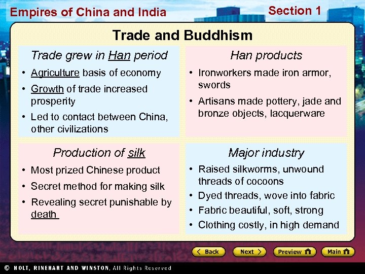 Section 1 Empires of China and India Trade and Buddhism Trade grew in Han