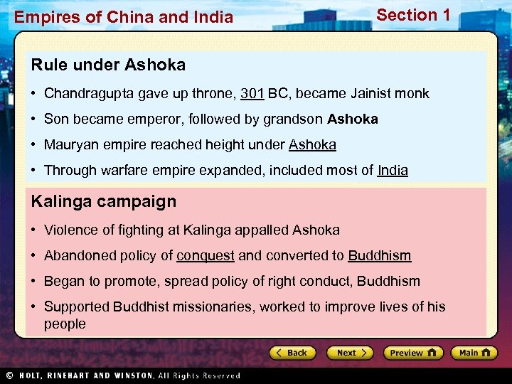 Empires of China and India Section 1 Rule under Ashoka • Chandragupta gave up