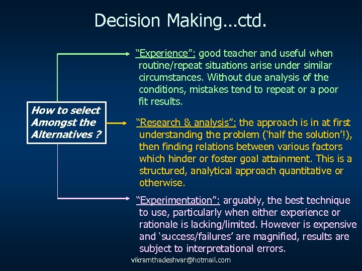 Decision Making…ctd. How to select Amongst the Alternatives ? “Experience”: good teacher and useful