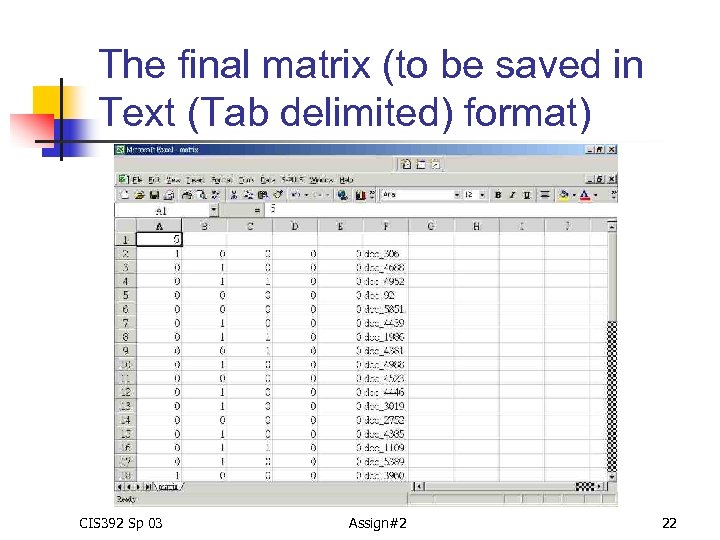 The final matrix (to be saved in Text (Tab delimited) format) CIS 392 Sp