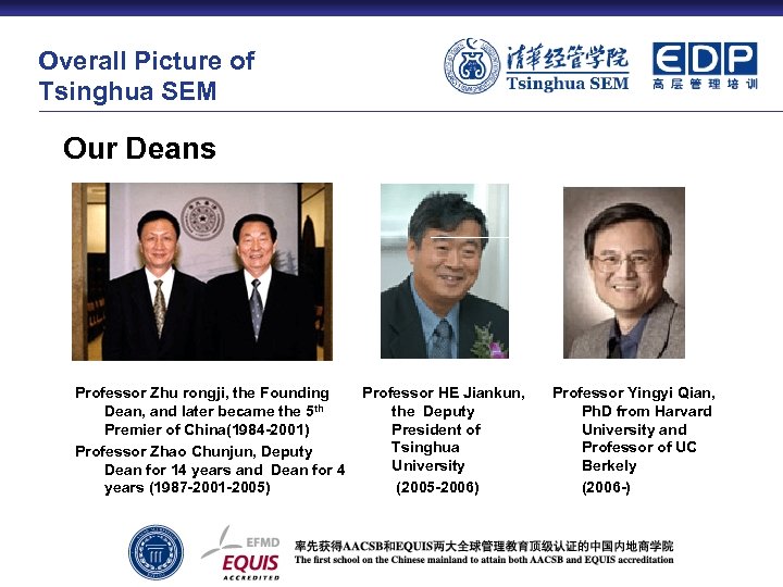 Overall Picture of Tsinghua SEM Our Deans Professor Zhu rongji, the Founding Professor HE