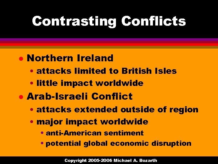 Contrasting Conflicts l Northern Ireland • attacks limited to British Isles • little impact