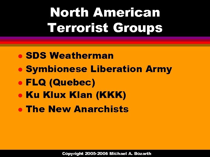 North American Terrorist Groups l SDS Weatherman Symbionese Liberation Army FLQ (Quebec) Ku Klux