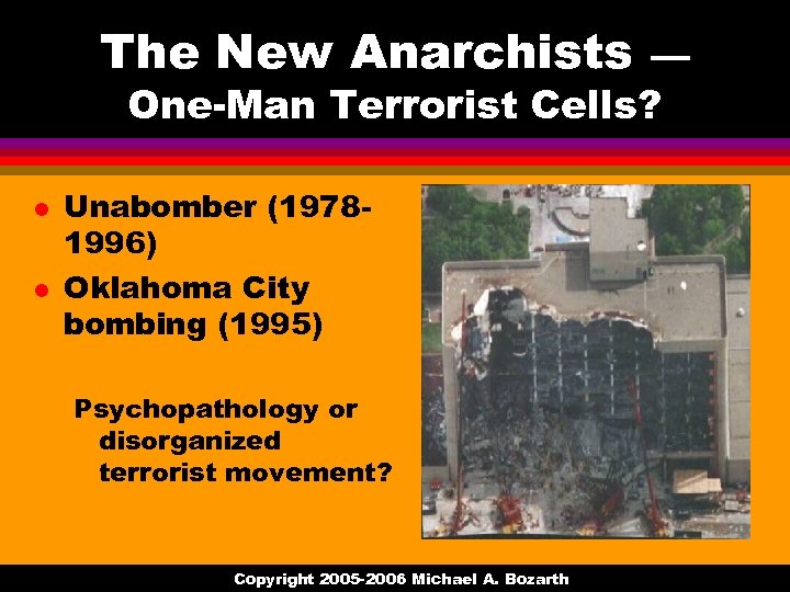 The New Anarchists — One-Man Terrorist Cells? l l Unabomber (19781996) Oklahoma City bombing