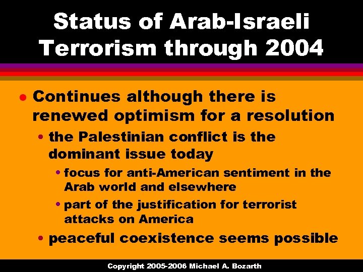 Status of Arab-Israeli Terrorism through 2004 l Continues although there is renewed optimism for