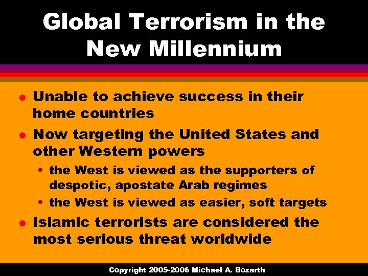 Global Terrorism in the New Millennium l l Unable to achieve success in their