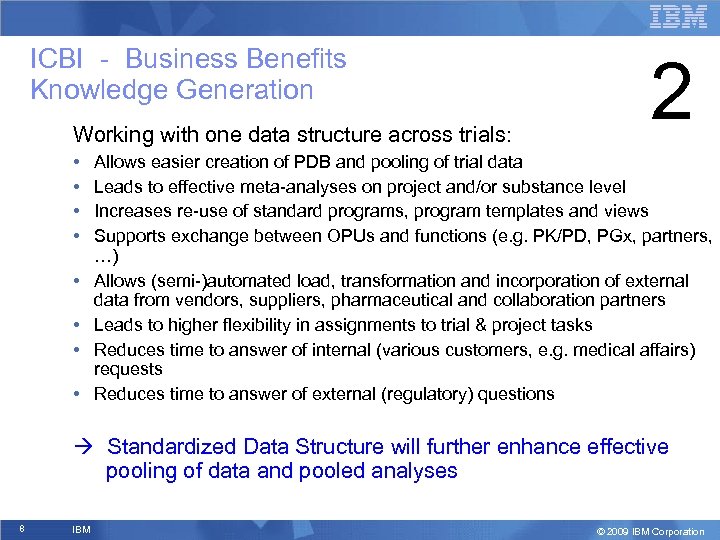 ICBI - Business Benefits Knowledge Generation Working with one data structure across trials: •