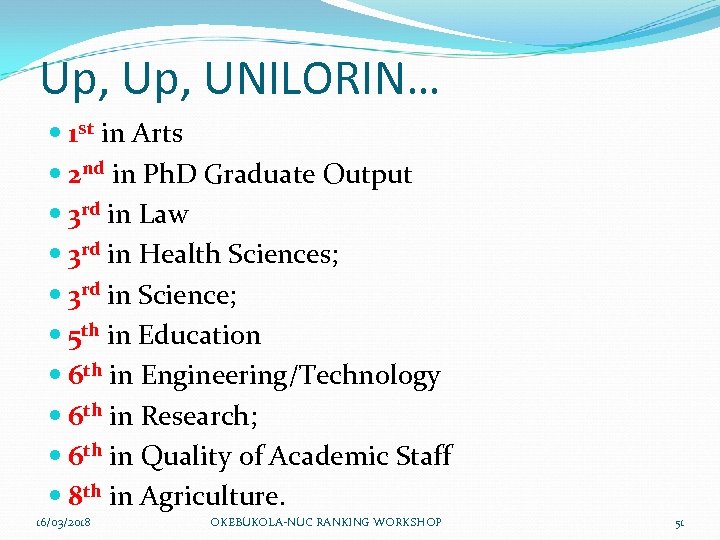 Up, UNILORIN… 1 st in Arts 2 nd in Ph. D Graduate Output 3