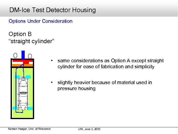 DM-Ice Test Detector Housing Options Under Consideration Option B “straight cylinder” • same considerations
