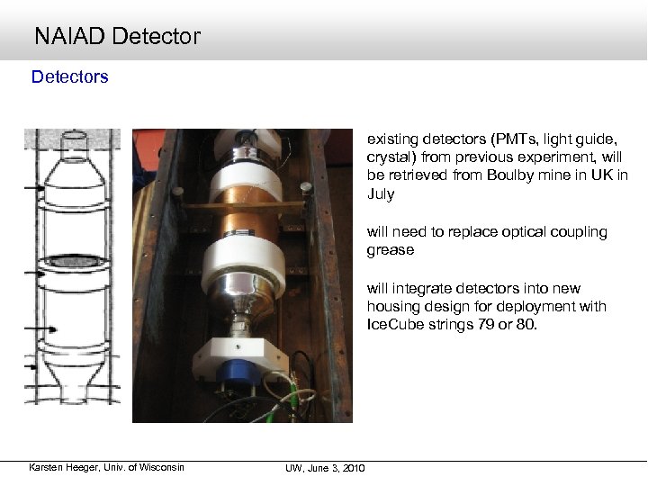 NAIAD Detectors existing detectors (PMTs, light guide, crystal) from previous experiment, will be retrieved