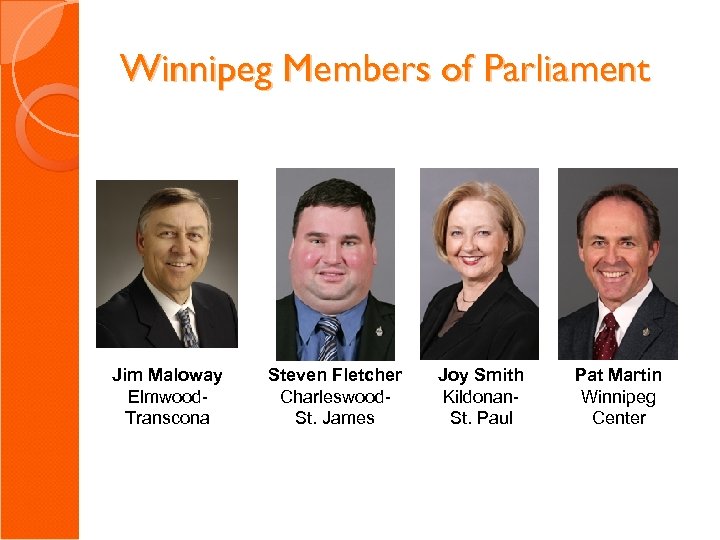 Winnipeg Members of Parliament Jim Maloway Elmwood. Transcona Steven Fletcher Charleswood. St. James Joy