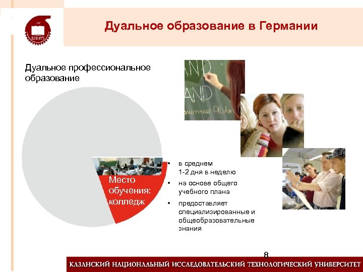 Дуальное образование в Германии Дуальное профессиональное образование • Место обучения: колледж в среднем 1