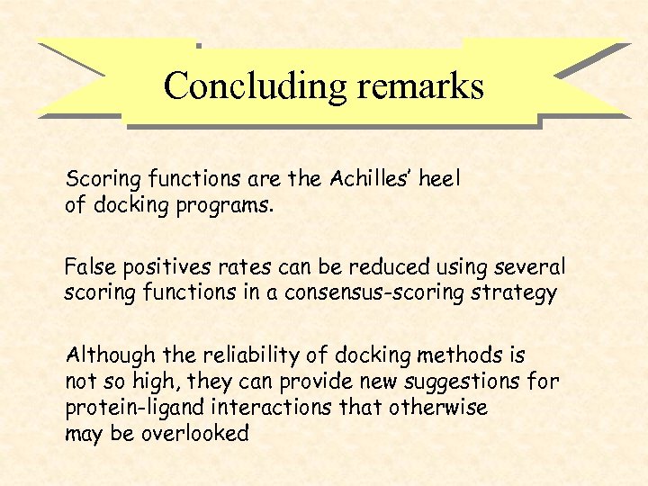 Concluding remarks Scoring functions are the Achilles’ heel of docking programs. False positives rates