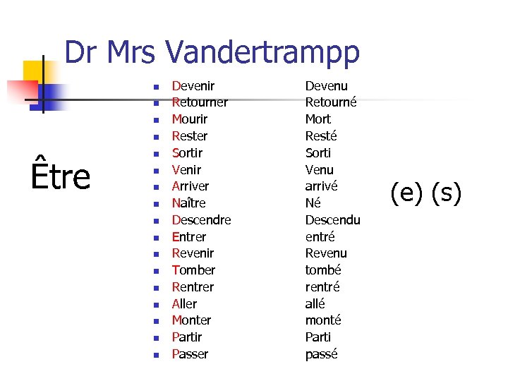 Dr Mrs Vandertrampp n n Être n n n n Devenir Retourner Mourir Rester