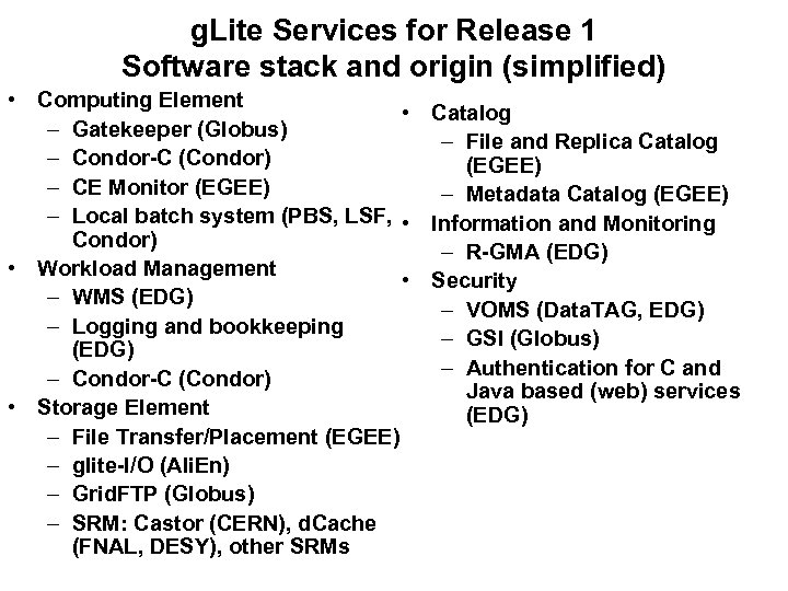 g. Lite Services for Release 1 Software stack and origin (simplified) • Computing Element