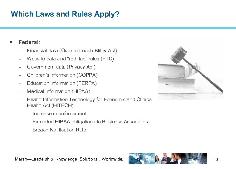 Which Laws and Rules Apply? Federal: – Financial data (Gramm-Leach-Bliley Act) – Website data