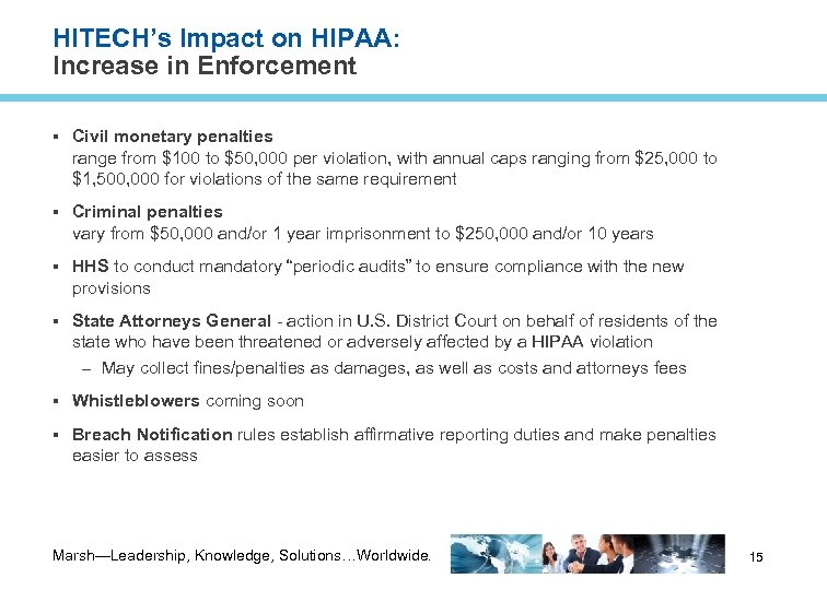HITECH’s Impact on HIPAA: Increase in Enforcement Civil monetary penalties range from $100 to