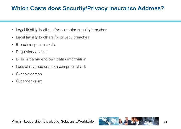 Which Costs does Security/Privacy Insurance Address? Legal liability to others for computer security breaches