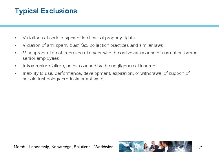 Typical Exclusions Violations of certain types of intellectual property rights Violation of anti-spam, blast-fax,