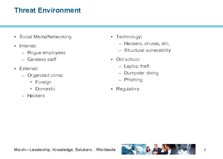 Threat Environment Social Media/Networking Technology: – Hackers, viruses, etc. Internal: – Structural vulnerability –