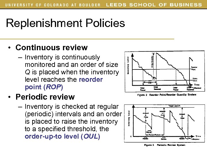 Replenishment Policies • Continuous review – Inventory is continuously monitored an order of size