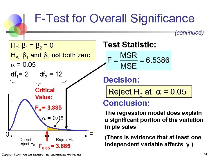 F-Test for Overall Significance (continued) H 0: β 1 = β 2 = 0