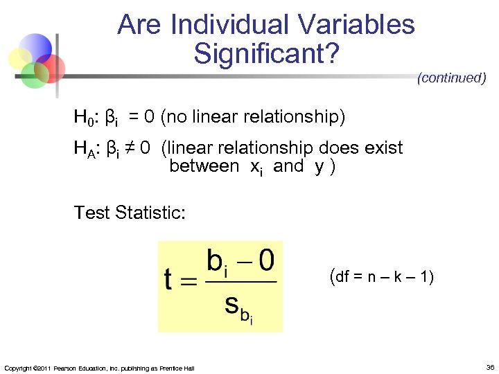 Are Individual Variables Significant? (continued) H 0: βi = 0 (no linear relationship) HA: