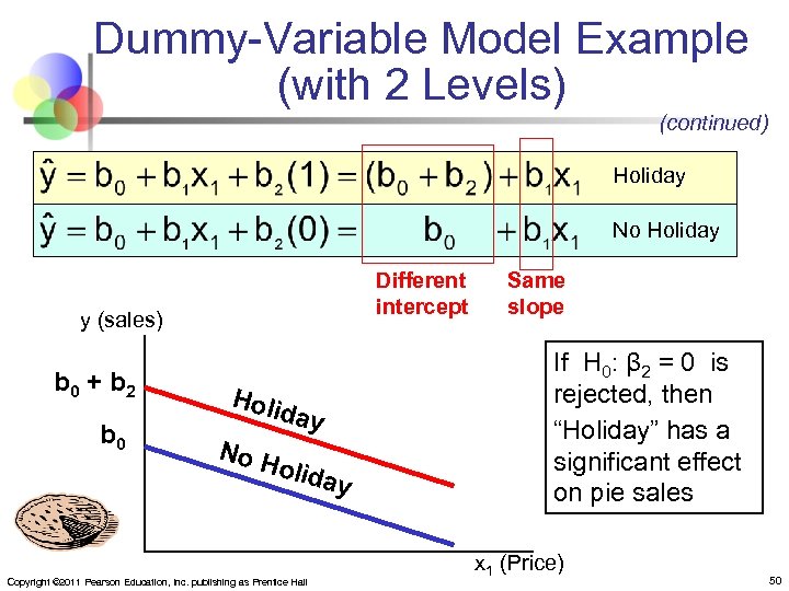 Dummy-Variable Model Example (with 2 Levels) (continued) Holiday No Holiday Different intercept y (sales)