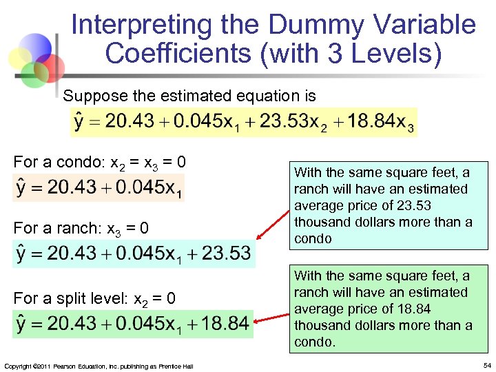 Interpreting the Dummy Variable Coefficients (with 3 Levels) Suppose the estimated equation is For