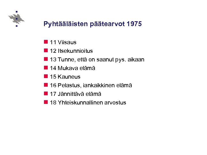 Pyhtääläisten päätearvot 1975 n 11 Viisaus n 12 Itsekunnioitus n 13 Tunne, että on