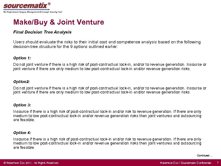 Make/Buy & Joint Venture Final Decision Tree Analysis Users should evaluate the risks to