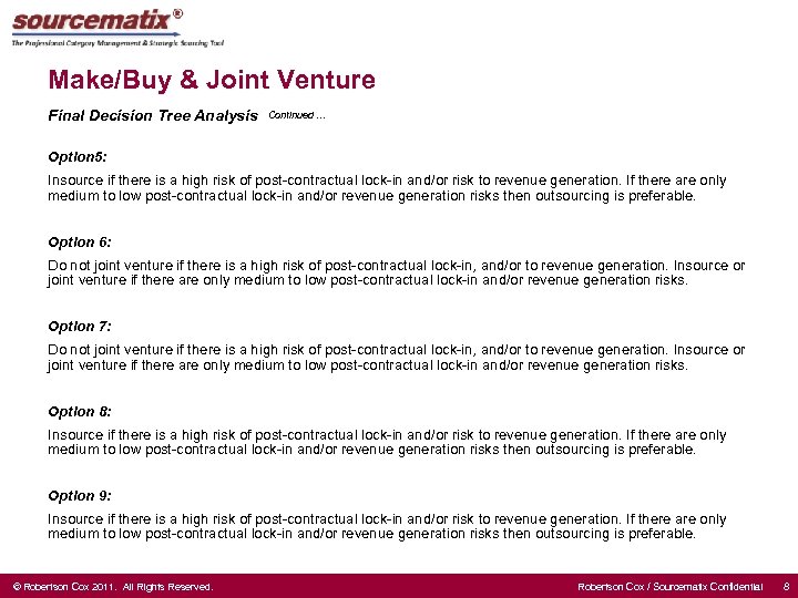 Make/Buy & Joint Venture Final Decision Tree Analysis Continued … Option 5: Insource if