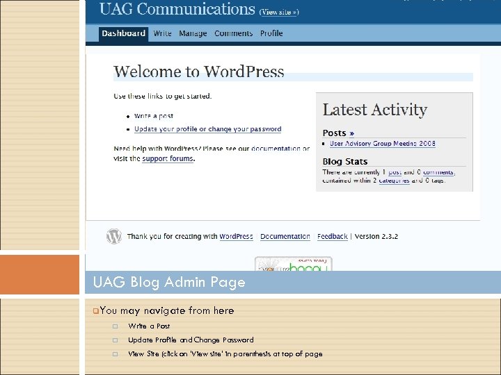 UAG Blog Admin Page q. You may navigate from here q Write a Post