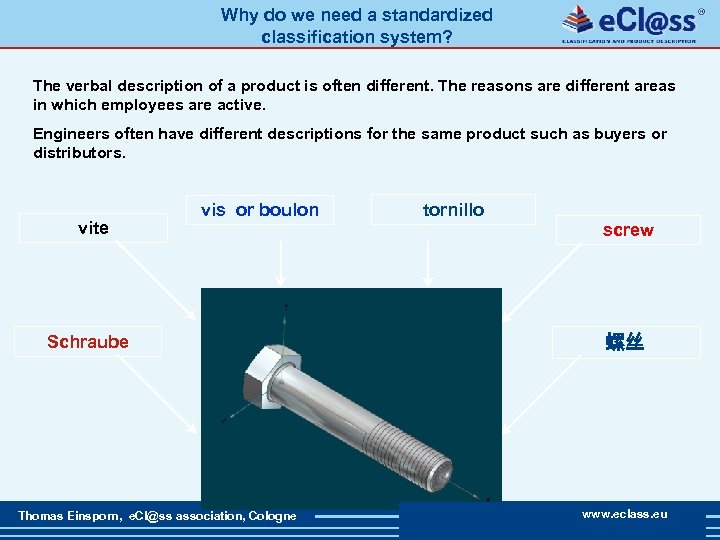 Why do we need a standardized classification system? The verbal description of a product