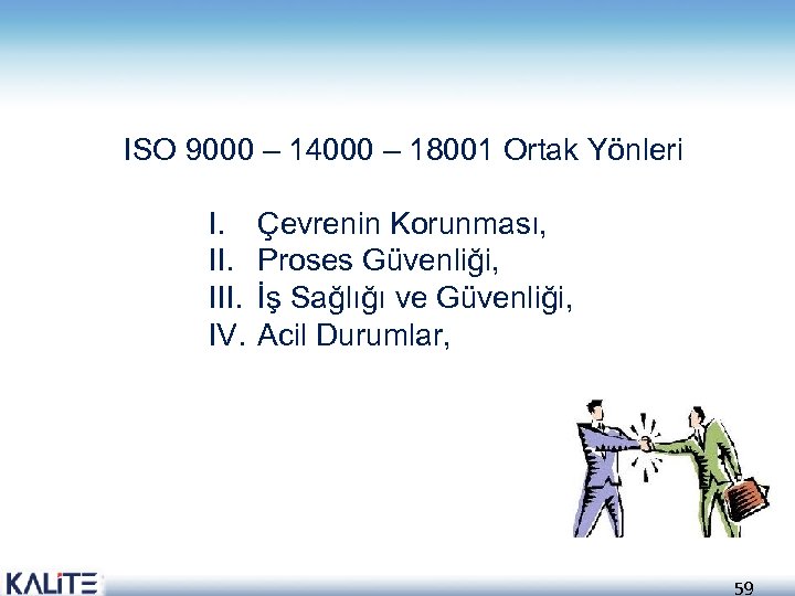ISO 9000 – 14000 – 18001 Ortak Yönleri I. III. IV. Çevrenin Korunması, Proses