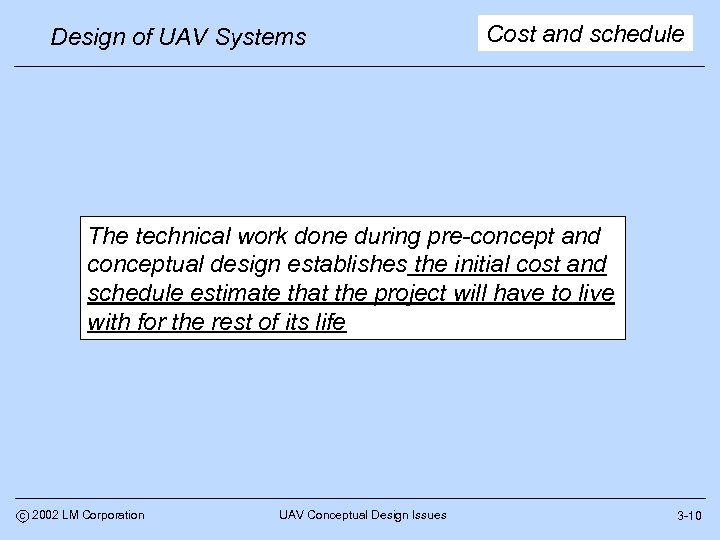 Design of UAV Systems Cost and schedule The technical work done during pre-concept and