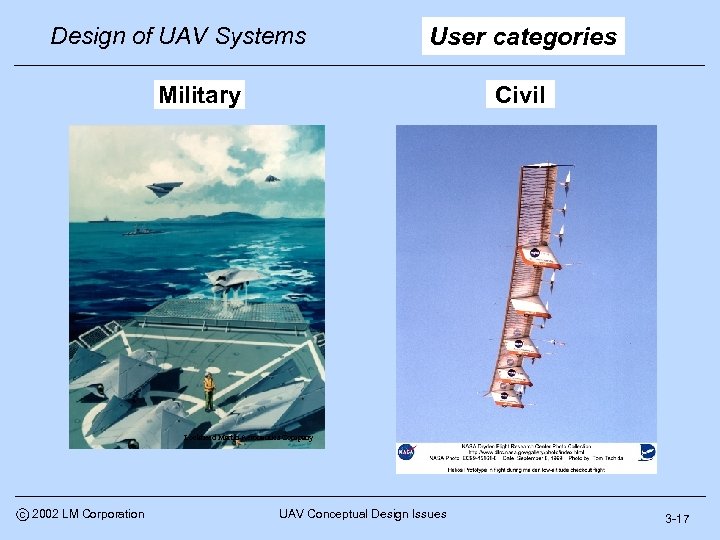 Design of UAV Systems User categories Civil Military Lockheed Martin Aeronautics Company c 2002