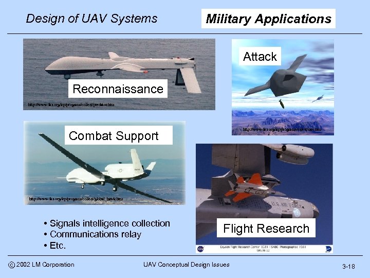 Design of UAV Systems Military Applications Attack Predator (Tier II) Reconnaissance http: //www. fas.