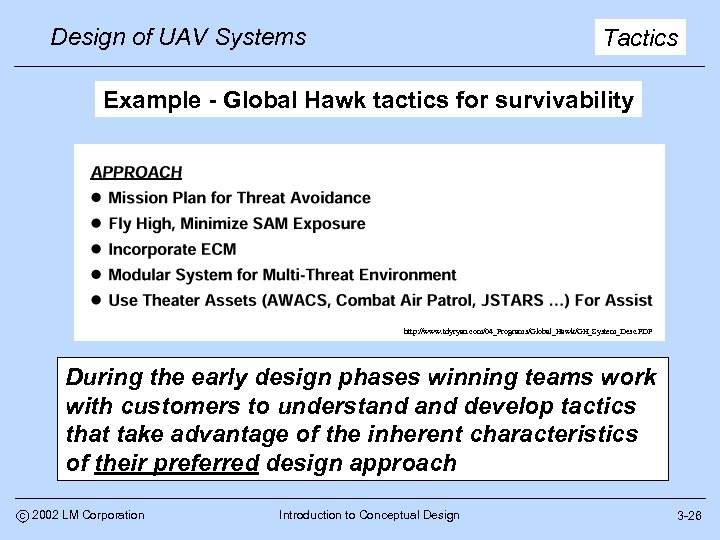 Design of UAV Systems Tactics Example - Global Hawk tactics for survivability http: //www.