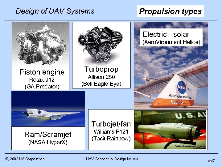 Design of UAV Systems Propulsion types Electric - solar (Aero. Vironment Helios) Piston engine