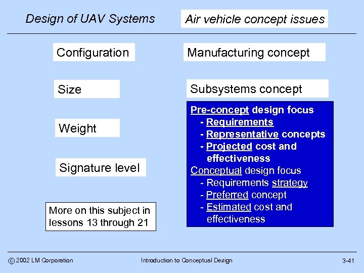 Design of UAV Systems Air vehicle concept issues Configuration Manufacturing concept Size Subsystems concept