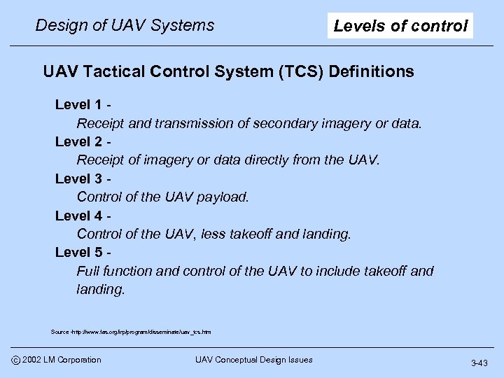 Design of UAV Systems Levels of control UAV Tactical Control System (TCS) Definitions Level