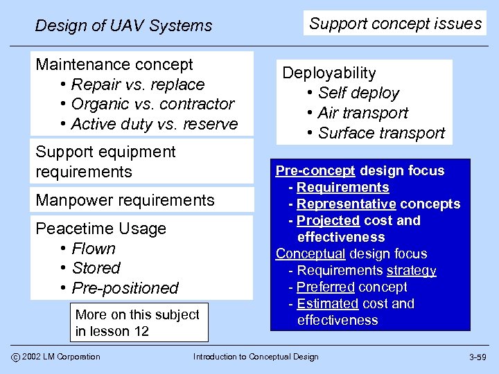 Design of UAV Systems Maintenance concept • Repair vs. replace • Organic vs. contractor