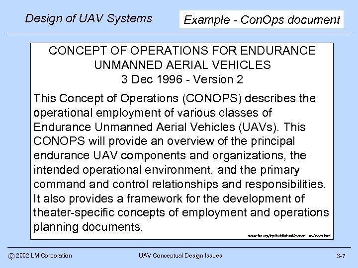 Design of UAV Systems Example - Con. Ops document CONCEPT OF OPERATIONS FOR ENDURANCE