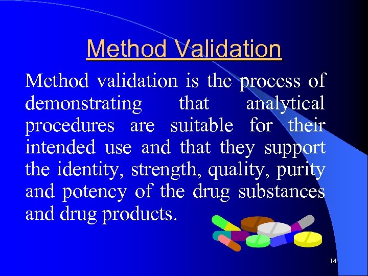 Method Validation Method validation is the process of demonstrating that analytical procedures are suitable