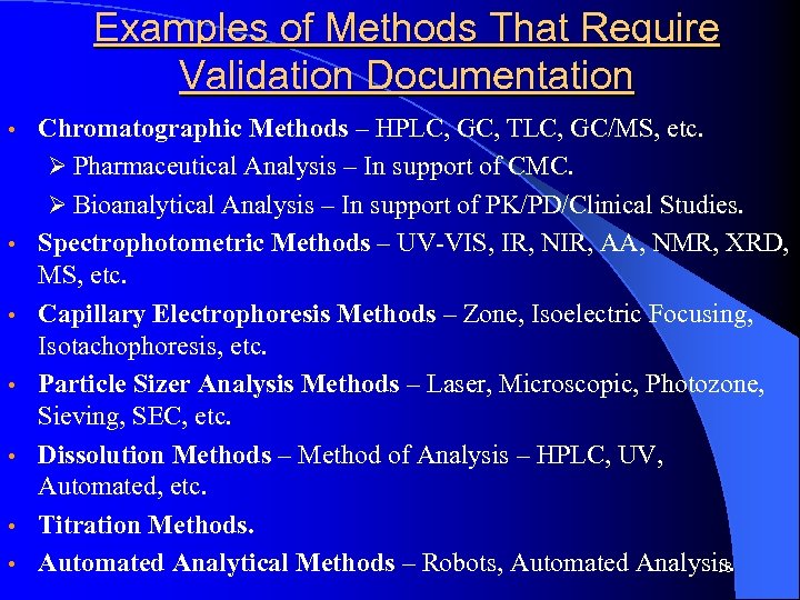 Examples of Methods That Require Validation Documentation • • Chromatographic Methods – HPLC, GC,