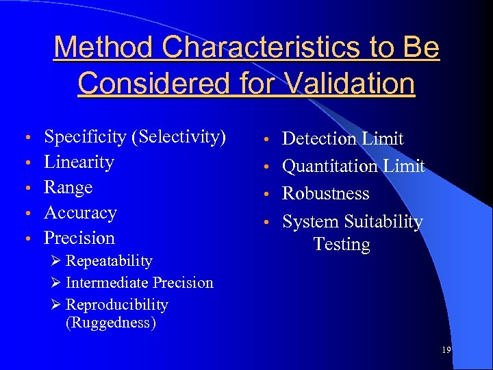 Method Characteristics to Be Considered for Validation • • • Specificity (Selectivity) Linearity Range