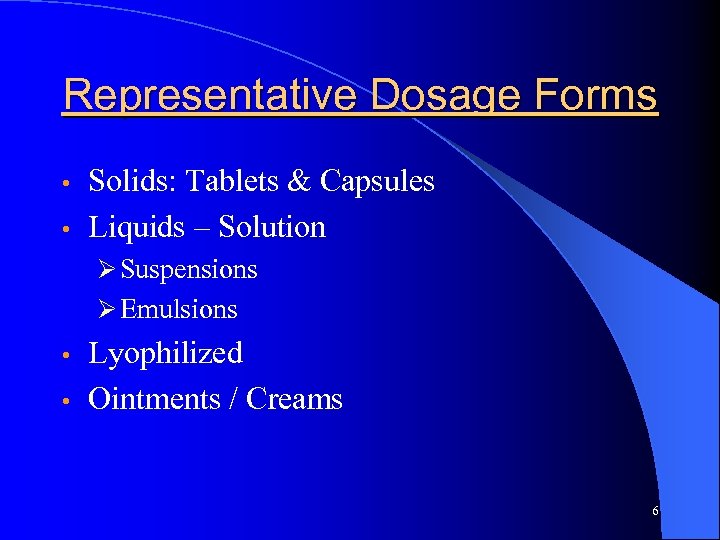 Representative Dosage Forms Solids: Tablets & Capsules • Liquids – Solution • Ø Suspensions